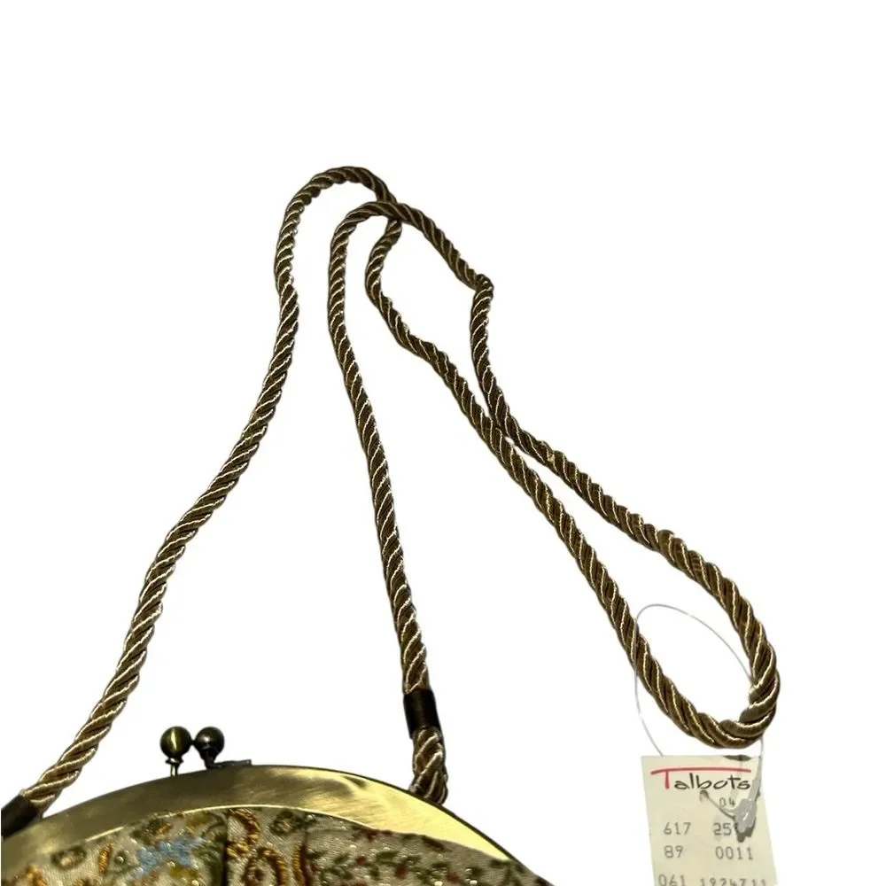 Talbots Vintage 1970 Floral Brocade Evening Bag Gold Rope Strap Clutch Purse